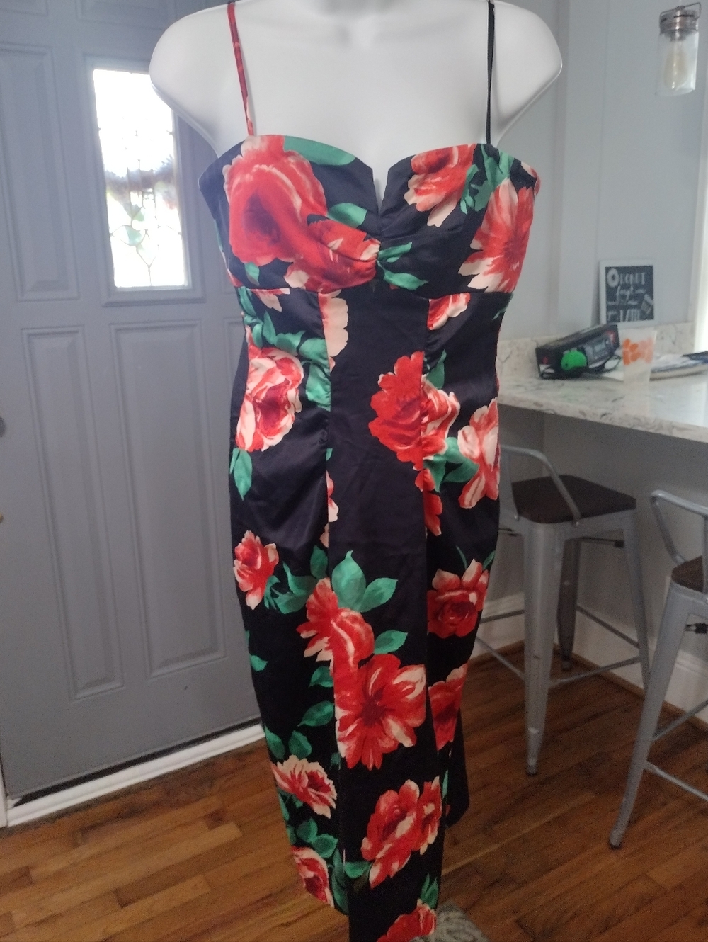 Xscape Black Midi Dress with Red Floral Print
